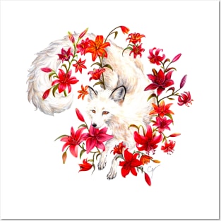 White Fox Red Lilies - Acrylic Animal and Flowers Painting Posters and Art